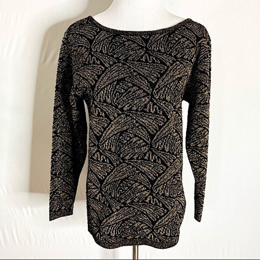 Vintage Adrienne Vittadini Sweater Black Gold Metallic Medium Low Back 80s Top